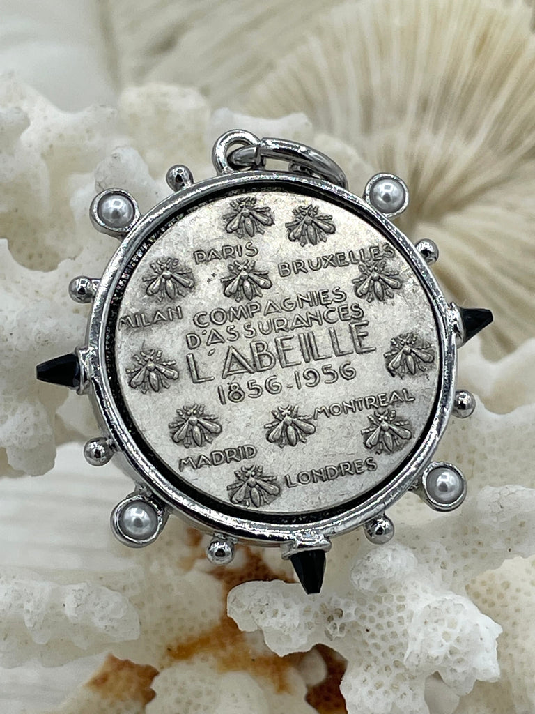 L'abielle Bee Coin Pendant,French Bee Coin w/ Bezel,Bee Pendant, 2 Styles, Fleur De Lis Coin with Black CZ and Pearl Accents Fast Ship