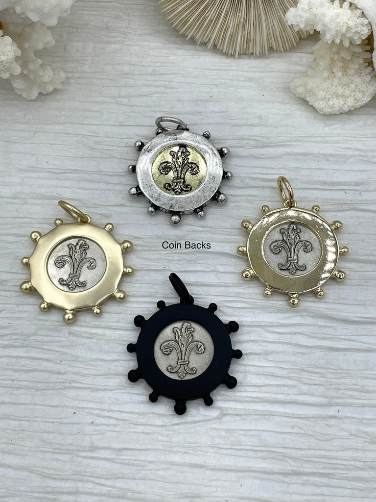 L'abielle Bee Coin Pendant, French Bee Coin with Bezel, Bee Pendant, Silver or Bronze Coin,4 bezel colors, Fleur De Lis Coin, Fast Ship