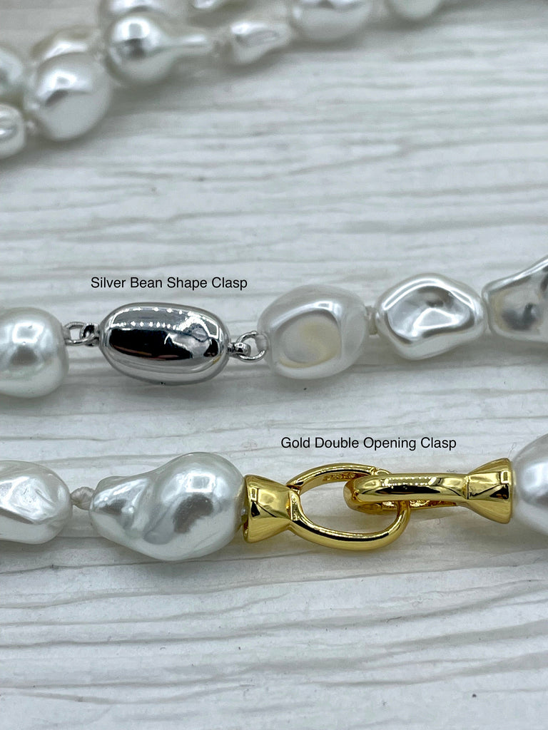 Hand Knotted Vintage Porcelain White Glass Pearl Replica Freshwater Baroque Shape,Gold Double clasp or Silver Bean shape clasp,18".Fast Ship