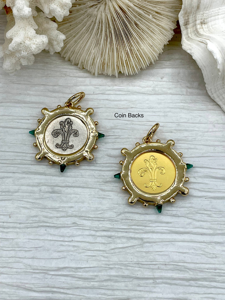 L'abielle Bee Coin Pendant,French Bee Coin w/ Bezel,Bee Pendant,2 Styles, Fleur De Lis Coin with Emerald and Blue CZ Accents Fast Ship