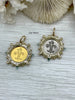 Image of L'abielle Bee Coin Pendant,French Bee Coin with Bezel,Bee Pendant, 2 Styles,Fleur De Lis Coin with Aqua CZ and Pearl Accents Fast Ship