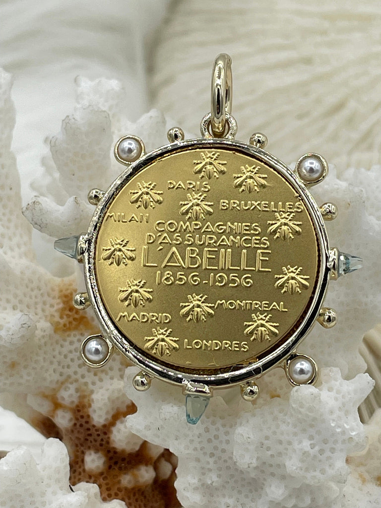 L'abielle Bee Coin Pendant,French Bee Coin with Bezel,Bee Pendant, 2 Styles,Fleur De Lis Coin with Aqua CZ and Pearl Accents Fast Ship