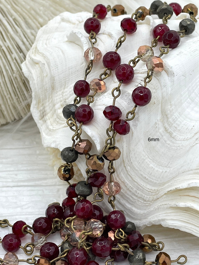 Gemstone Crystal mix Rosary Faceted Red Agate w/Mixed Crystal Shapes,Crystal Beaded Chain 4mm or 6mm Beads, Bronze pin 1 Meter(39")Fast Ship