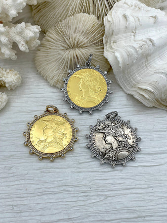 Reproduction French Madagascar Medal Coin Pendant, Bezel, French coin, Art Deco Coin, Antique Coin Bezel W/Cubic Zirconia. Fast Ship