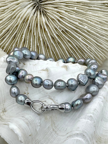 16.5'' AAA 8mm Gray Nugget Natural Freshwater Pearl Necklace, Silver or Gold Double Opening Clasp, Hand Knotted, High Luster Pearl,Fast Ship