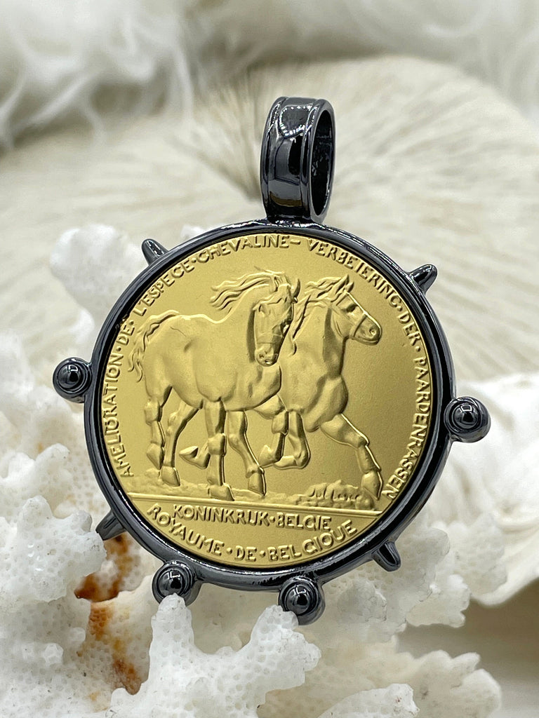 French Horse Coin Pendant, Two Horses on Coin, Coin Bezel, French coin, Art Deco Coin, Gold Coin, 3 Styles. Fast Ship