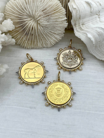 French Horticole De Dison Pendant, Horse Coin Pendant, French Pendant, Le Monde Coin, Clear Spike & Round Pearl Accents Coin.Fast Ship