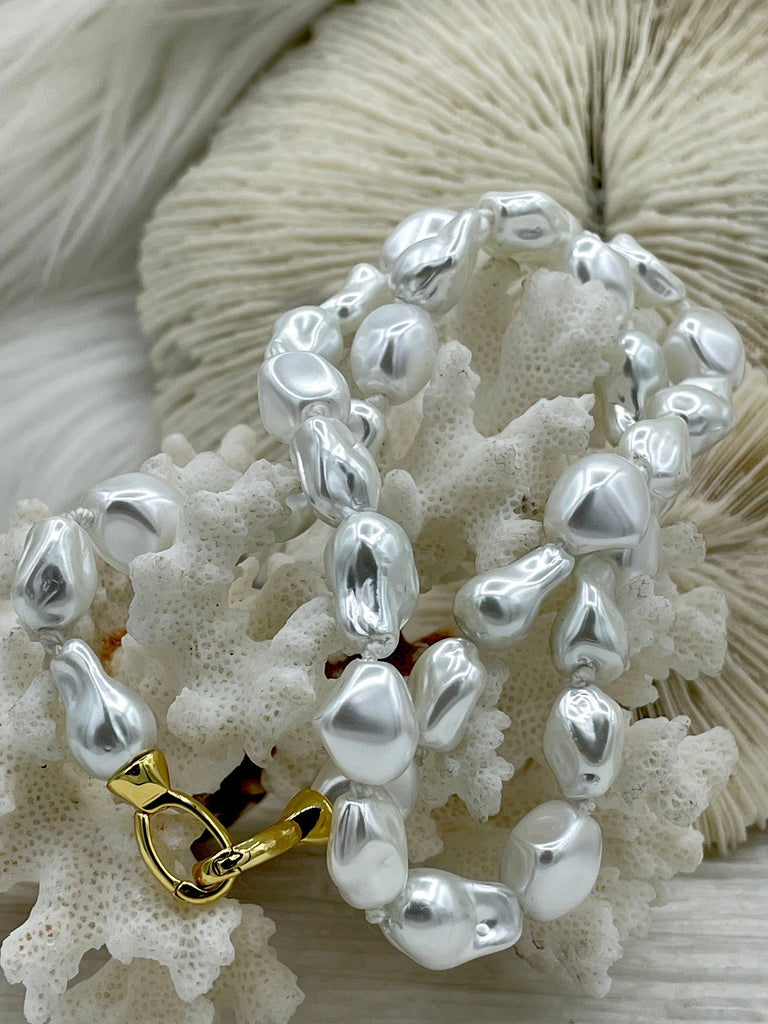 Hand Knotted Vintage Porcelain White Glass Pearl Replica Freshwater Baroque Shape,Gold Double clasp or Silver Bean shape clasp,18".Fast Ship