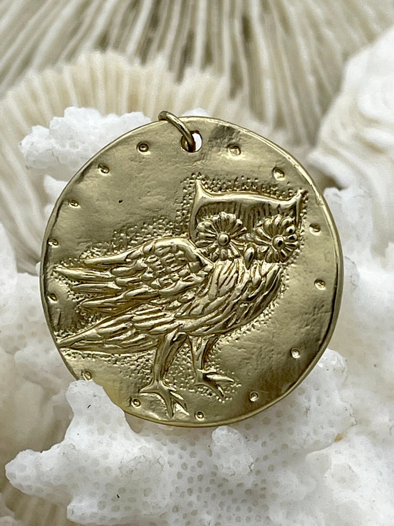 Brass Owl Pendant, Gold plating, Rhodium or Matte Gold. Owl Charm, Bird Charm, Owl Coin Charm, Coin Charms Fast Ship