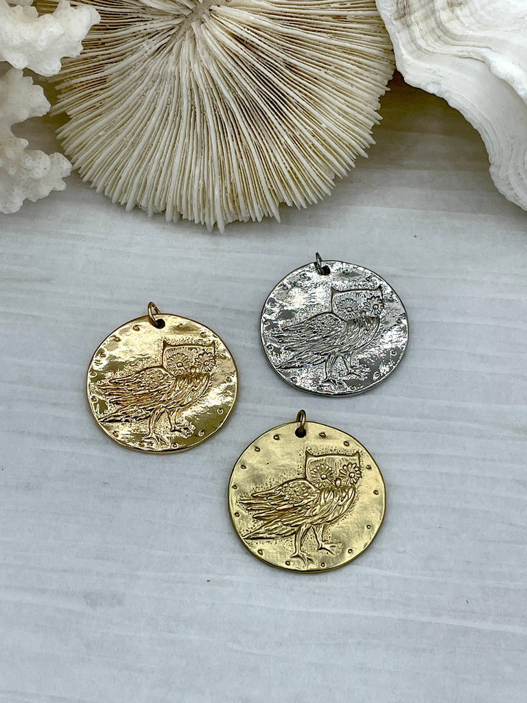 Brass Owl Pendant, Gold plating, Rhodium or Matte Gold. Owl Charm, Bird Charm, Owl Coin Charm, Coin Charms Fast Ship