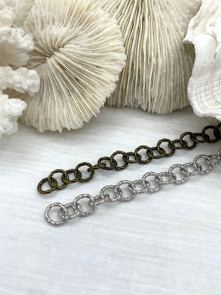 Textured Cable Rolo Chain Round sold by the foot. 10.5mm x 1.9mm links. Rolo Chain, Electroplated Base Metal, 2 finishes. Fast ship