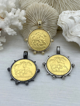 French Horse Coin Pendant, Two Horses on Coin, Coin Bezel, French coin, Art Deco Coin, Gold Coin, 3 Styles. Fast Ship