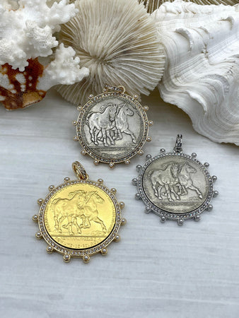 Belgium Hainaut Horse Coin Pendant,Silver Coin, Double Horse Coin, French coin, Cubic Zirconia and Pearl Accents, 2 Styles. Fast Ship