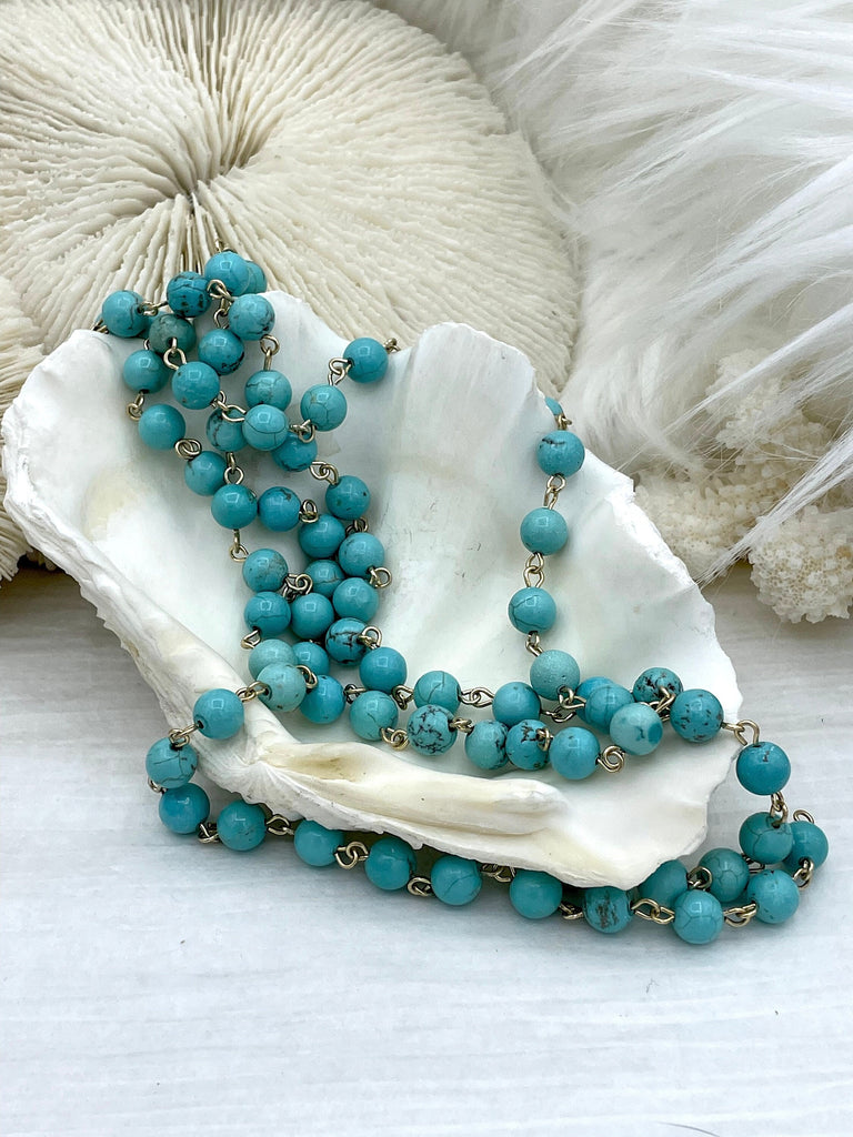 Turquoise Howlite Rosary Chain, Gold wire links, 6mm or 8mm round stone beaded chain 1 Meter (39 inches) Fast Ship