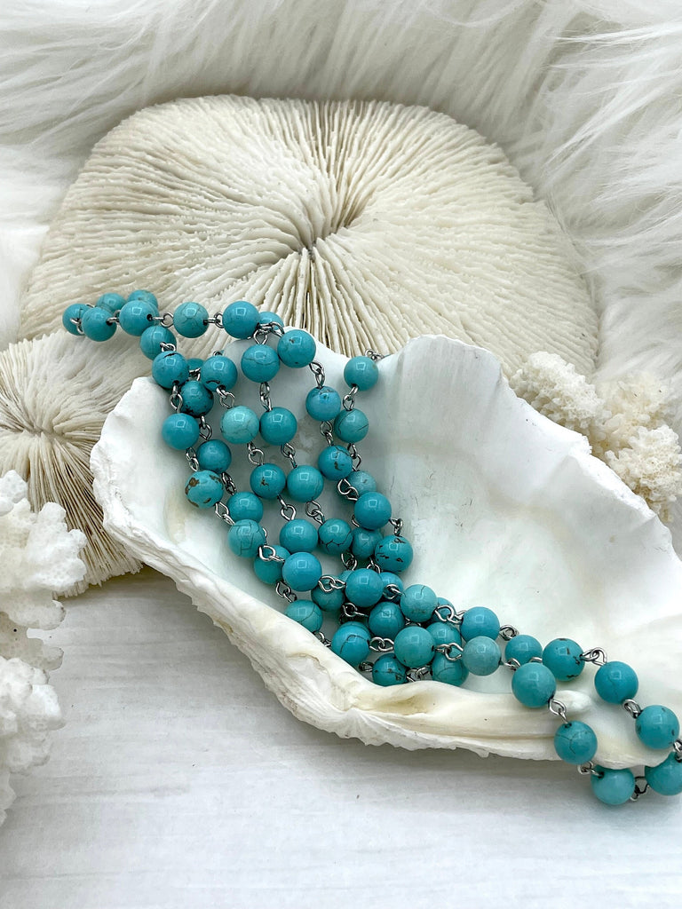 Turquoise Howlite Rosary Chain, Silver wire links, 6mm or 8mm round stone beaded chain 1 Meter (39 inches) Fast Ship
