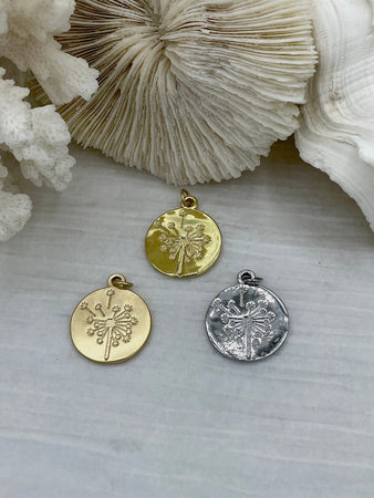 Brass Dandelion Charm, 20mm Dandelion Coin, Dandelion Pendant, Coin Charm, Gold Plating, Matte Gold or Rhodium. High Quality Fast Ship
