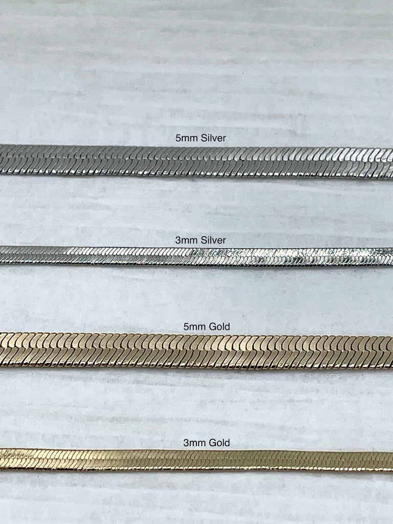 Brass Herringbone Chain Sold by the Piece 16" or 18" with Finished Ends. 3mm or 5mm. Flat Snake Layering Chain Gold or Silver. Fast ship