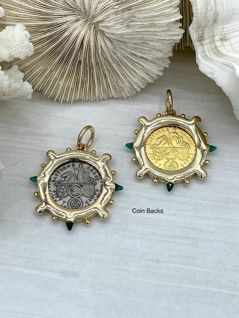 Queen Elizabeth II Pendant/Replica Coin, Coin Pendant, Royal Coin, Emerald CZ Spike/Round Blue crystal Accents Fast Ship