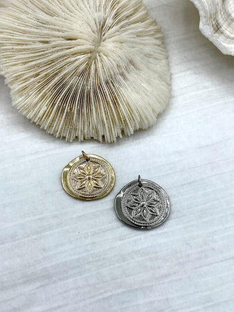 High Quality Brass Wax Seal Flower Charm, Flower Pendant, , Gold Plated or Rhodium Plated, 20mm, Fast Ship