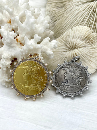 Reproduction French Madagascar Medal Coin Pendant, Coin Bezel, French coin, Art Deco Coin, Antique Coin Bezel W/Pearls & CZ. Fast Ship