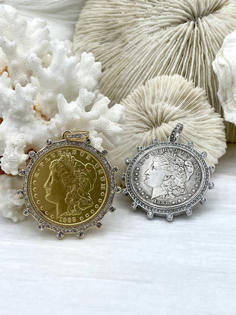 Reproduction Coin Pendant, Morgan Peace Dollar Pendant, Coin Bezel, Vintage Coin Pendant, Antique Coin Bezel with CZ. 2 Style Fast Ship