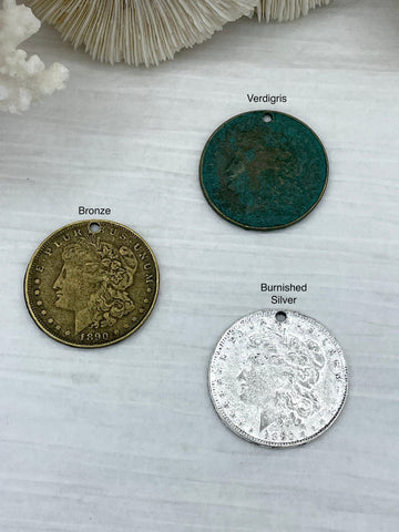 Reproduction Coin Pendant, Morgan Peace Dollar Coin Pendant 36mm, Drilled 2.5mm Hole, Vintage Coin Pendant, 3 Coin Colors. Fast Ship