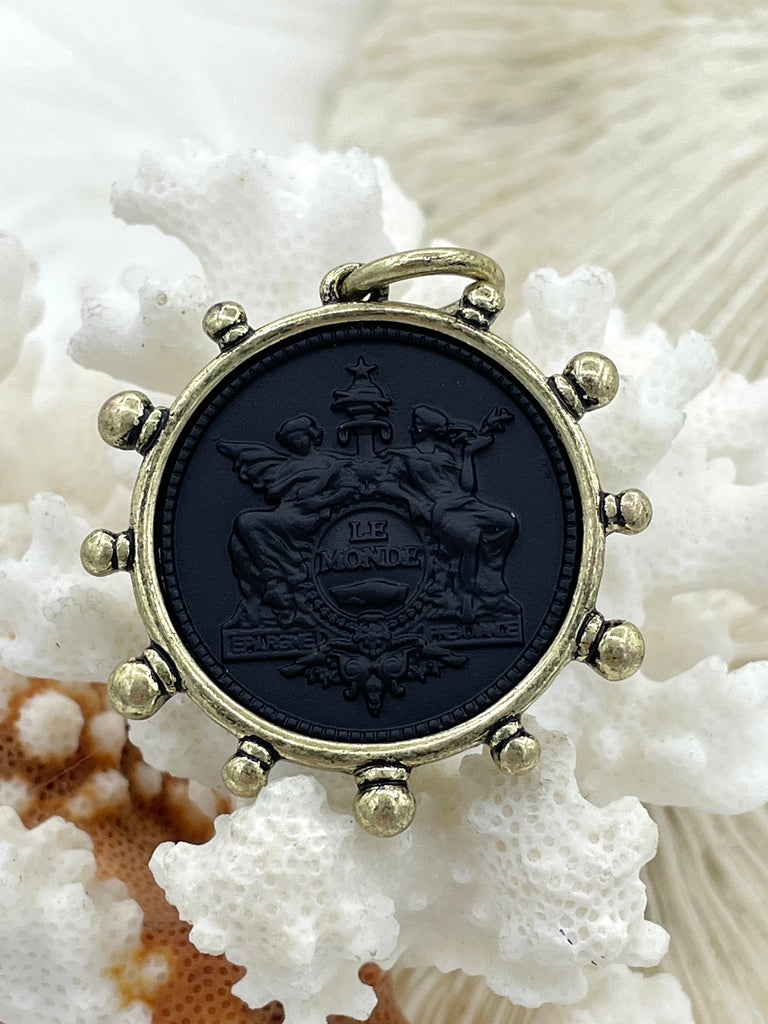 French Coin Pendant, French Angel Life Insurance Replica Coin, Matte Black Coin, 4 bezel colors, French Art Deco Coin, Fast Ship