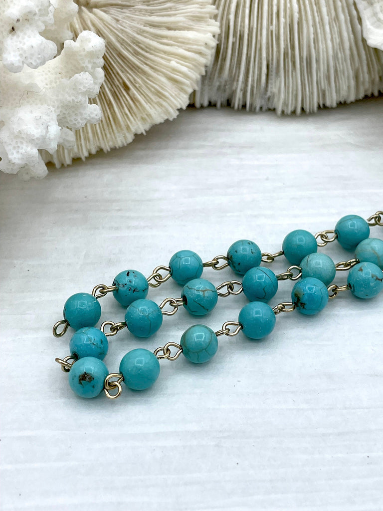 Turquoise Howlite Rosary Chain, Gold wire links, 6mm or 8mm round stone beaded chain 1 Meter (39 inches) Fast Ship