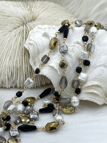 Vintage Glass Pearl & Crystal Mixed Rosary Chain, Grey and White Glass Pearls, Glass Beads, Gold, Bronze, or Gunmetal Wire, BBA Original