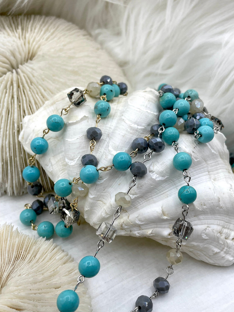 Turquoise Howlite Crystal Mix Rosary Chain, Gold, Bronze, or Silver wire links, 8mm round stone beaded chain Sold by the foot Fast Ship