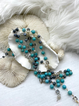 Turquoise Howlite Crystal Mix Rosary Chain, Gold, Bronze, or Silver wire links, 8mm round stone beaded chain Sold by the foot Fast Ship