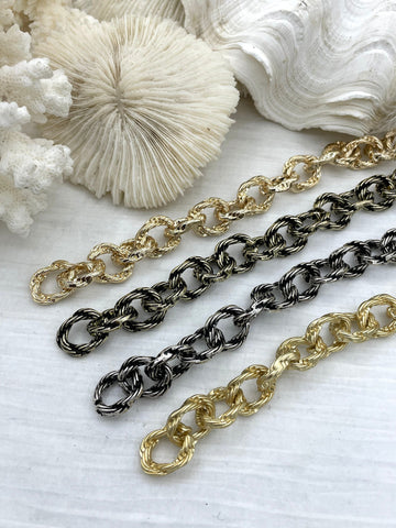 Chunky Cable Chain Textured sold by the foot. 16.5mm x 12.5mm x 3.5mm. Electroplated Zinc alloy, Statement Rolo Chain 4 finishes. Fast ship