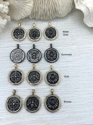 Ancient Greek Reproduction Bee Coin Pendant, Compass Coin, Thistle Coin with bezel. Bee, Compass Pendant, 3 Bezels colors 28mm Fast Ship