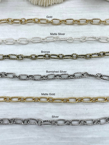 Textured Mixed Size Cable Chain Oval sold by the foot. Electroplated Base Metal, 6 Finishes. Links: 11.2mm x 6mm and 7mm x 5.6mm. Fast ship Bling by A