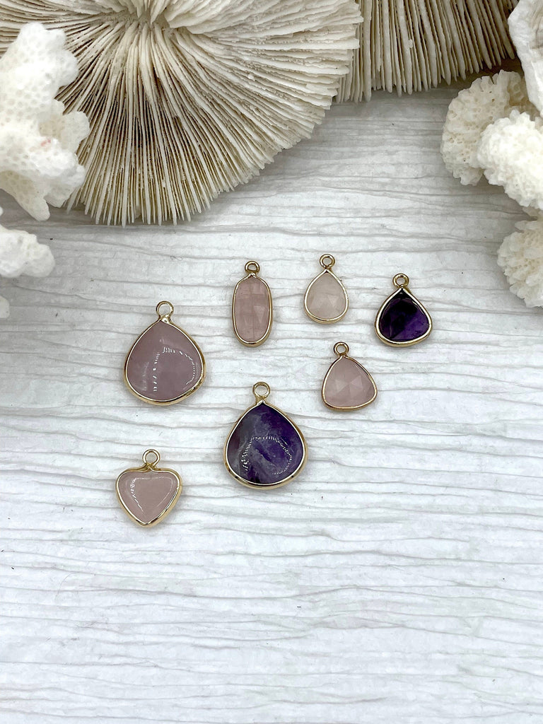 Gold Over Brass Soldered Natural Pink or Purple Quartz Drop Pendant with, 5 Styles Semi-Precious Gemstones Sold by the Piece. Fast Ship