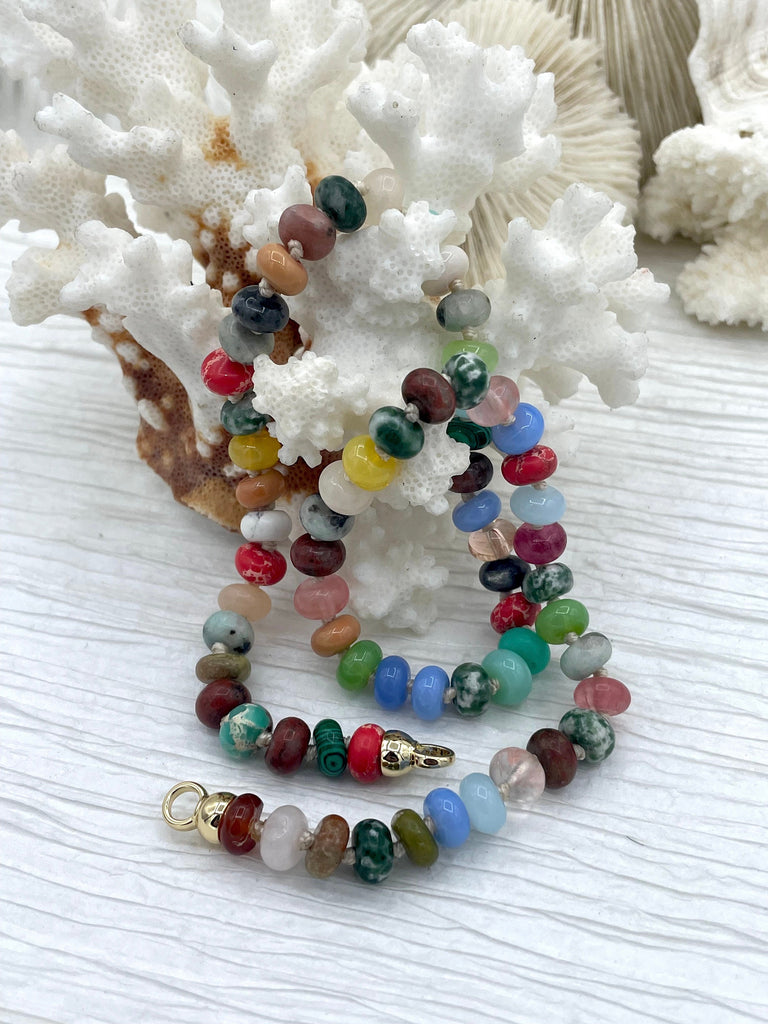 Hand Knotted Necklace 16.5" Long, Colorful Mixed Semi-Precious Rondelle Stones with Finished Ends Gold or Silver, Candy Necklace Fast Ship Bling by A
