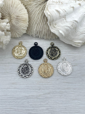 French Coin Pendant 30mm, Quilted Crown Lion Coin, Crown Medallion, Vintage Coin, Lion Coin, 6 Finishes,Coin Pendant, French Coin, Fast Ship