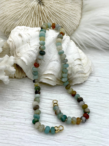 Hand Knotted Rondelle Amazonite Necklace, 16'5" W/Brass Closed Cap Ends, Gold or Silver End, Amazonite Necklace, Knotted Amazonite Fast Ship