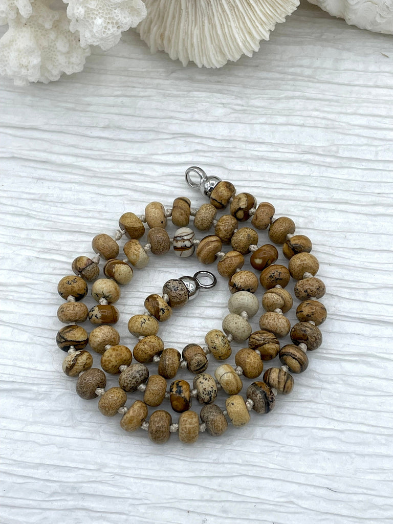 Hand Knotted Rondelle Picture Jasper Necklace, 16.5" Brass Closed Cap Ends, Gold, silver or Matte Gold Caps, Jasper Necklace, Fast Ship Bling by A