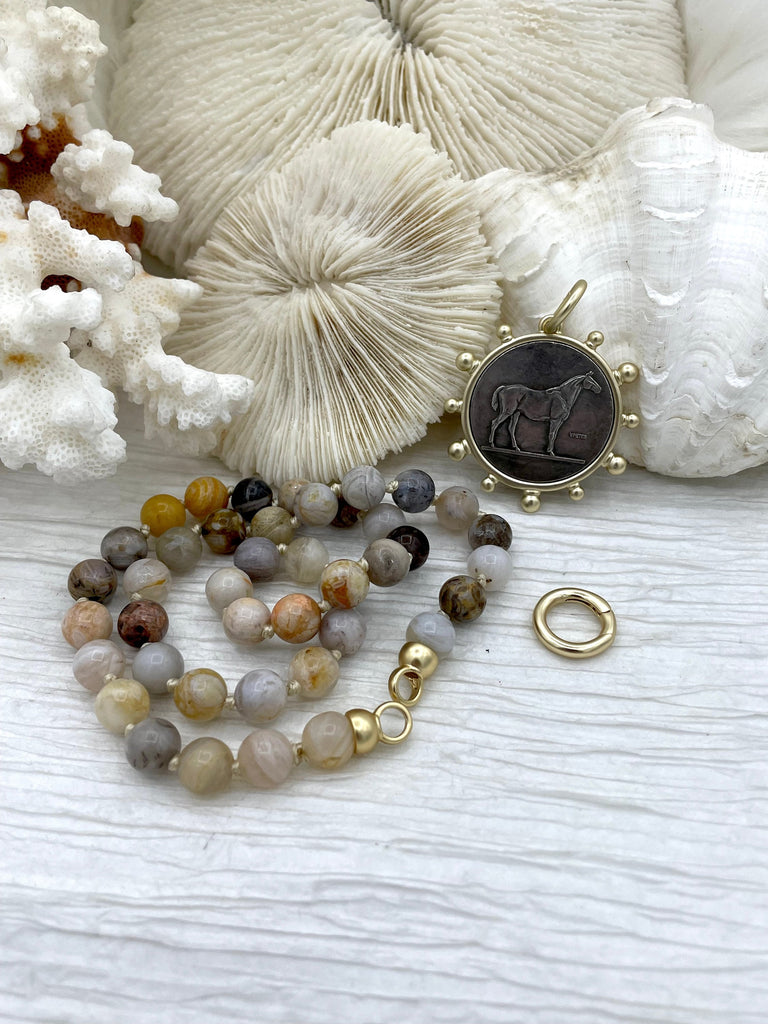 Hand Knotted Bamboo Agate, 16.5" Long,Brass End Caps, Gold or Matte Gold Caps, 8mm round Bamboo Agate Necklace, Semi Precious Bead Fast Ship Bling by A
