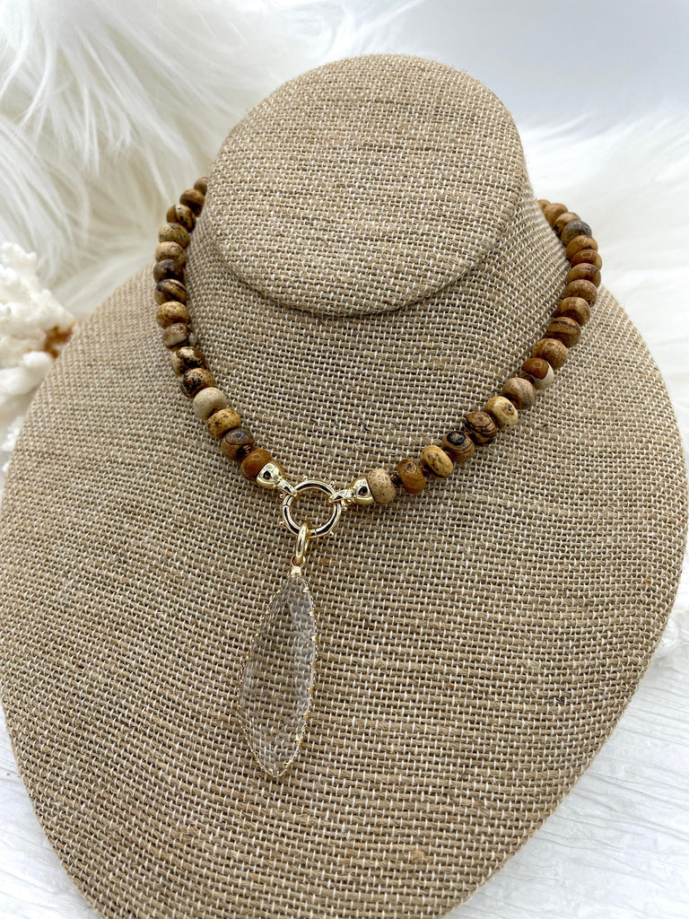 Hand Knotted Rondelle Picture Jasper Necklace, 16.5" Brass Closed Cap Ends, Gold, silver or Matte Gold Caps, Jasper Necklace, Fast Ship Bling by A