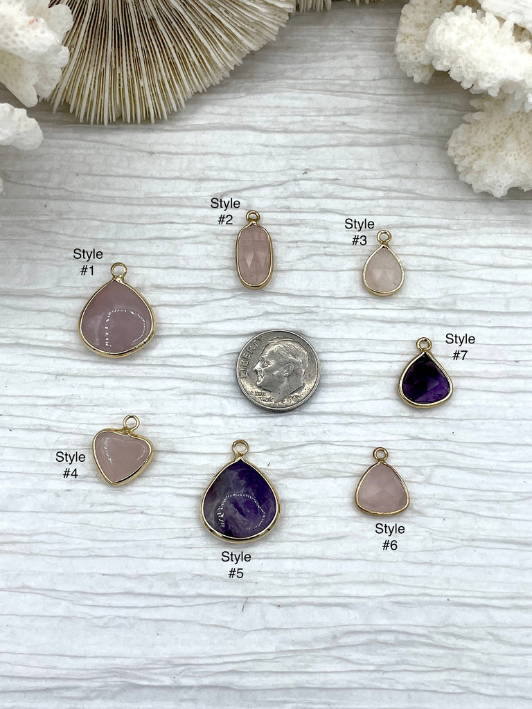 Gold Over Brass Soldered Natural Pink or Purple Quartz Drop Pendant with, 5 Styles Semi-Precious Gemstones Sold by the Piece. Fast Ship