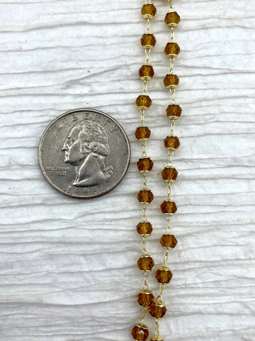 Crystal Round Topaz Colored Rosary faceted glass beads, Beaded Rosary Chain 4mm With Gold wire and caps, Topaz Crystal by the foot Fast Ship