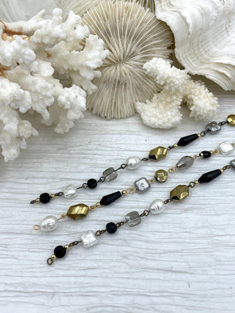 Vintage Glass Pearl & Crystal Mixed Rosary Chain, Grey and White Glass Pearls, Glass Beads, Gold, Bronze, or Gunmetal Wire, BBA Original