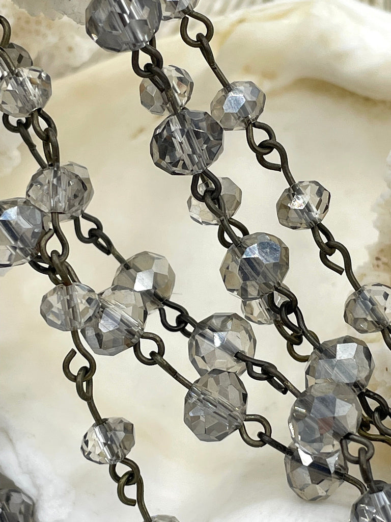 Smokey Grey Crystal Rondelle Rosary Beaded Chain, 8mm and 6mm Faceted glass beads, bronze pin 1 Meter (39 ")