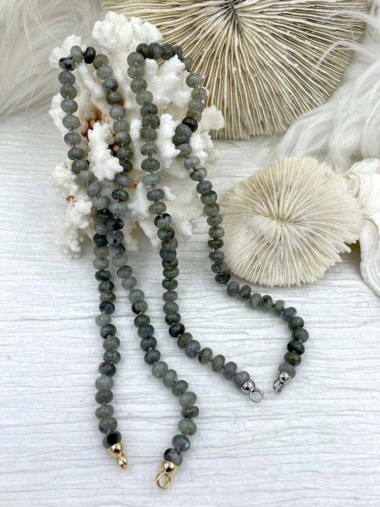 Hand Knotted Necklace 16.5" Long, Labradorite Rondelle Stones with Finished Ends Gold or Silver, Fast Ship