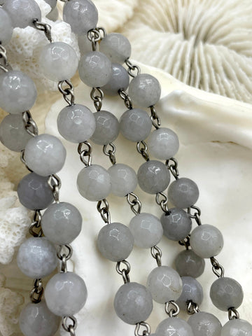 Beaded Rosary Chain, Light Grey Round Beads and Silver wire links, 8mm round stone beaded chain 1 Meter (39 inches) Fast Ship