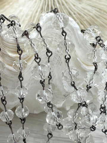 Clear Crystal Rondelle Rosary Beaded Chain, 9mm and 7mm Faceted glass beads,  gunmetal pin 1 Meter (39 ")