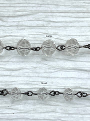 Clear Crystal Rondelle Rosary Beaded Chain, 9mm and 7mm Faceted glass beads,  gunmetal pin 1 Meter (39 