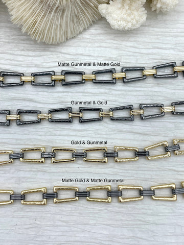 Mixed Metal Textured Cable Chain, by the foot. Lg Link 16mm x 11mm Sm link 10mm x 3mm, Electroplated Zinc Alloy, 4 styles, Fast ship